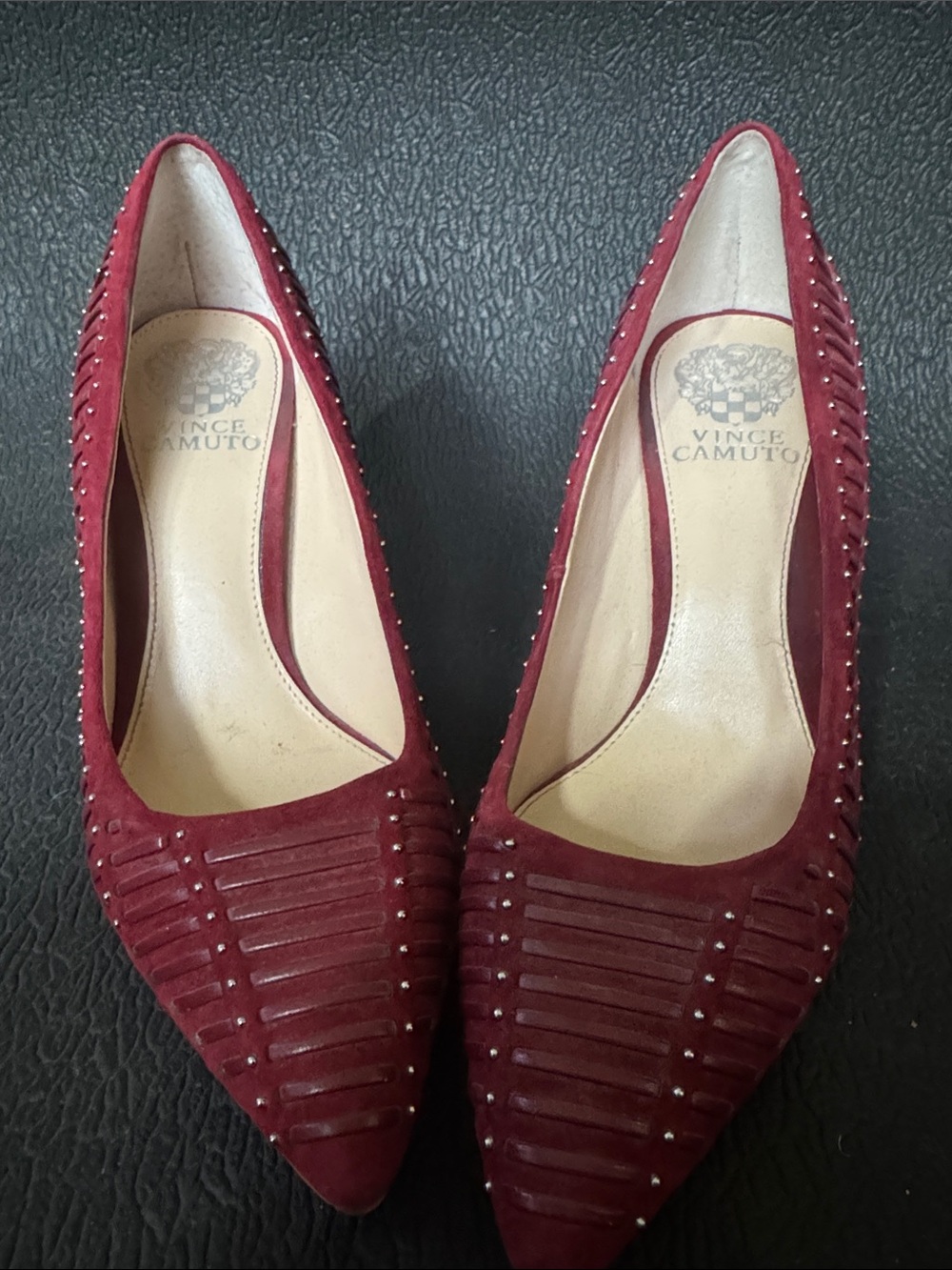 Vince Camuto Wine Red Suede Studded Pointed Flats